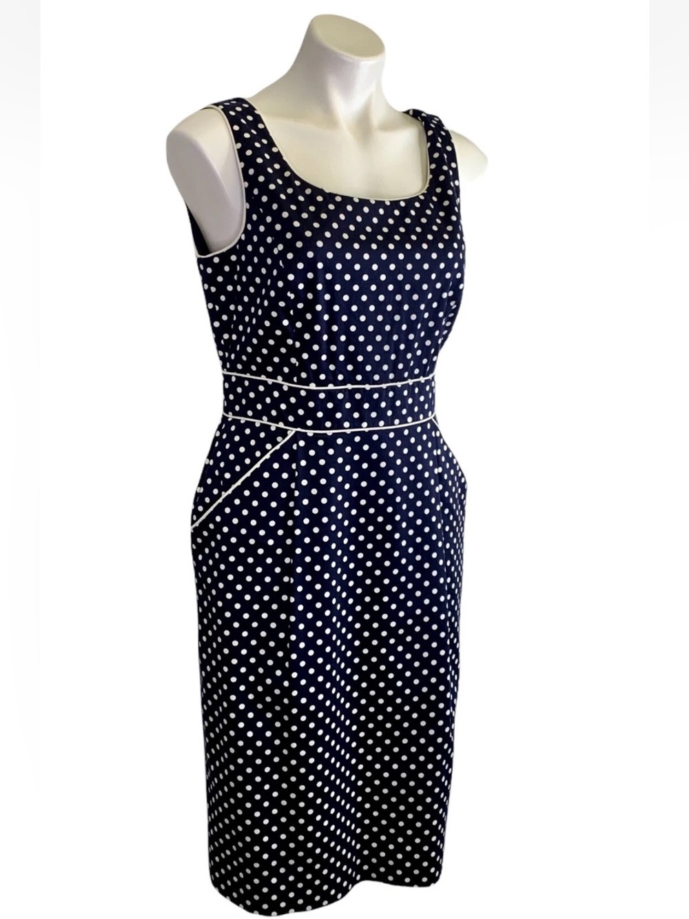 Tahari ASL Sleeveless Dress Sz. 4 Navy Blue Polka Dot Sheath Pockets Lined EUC